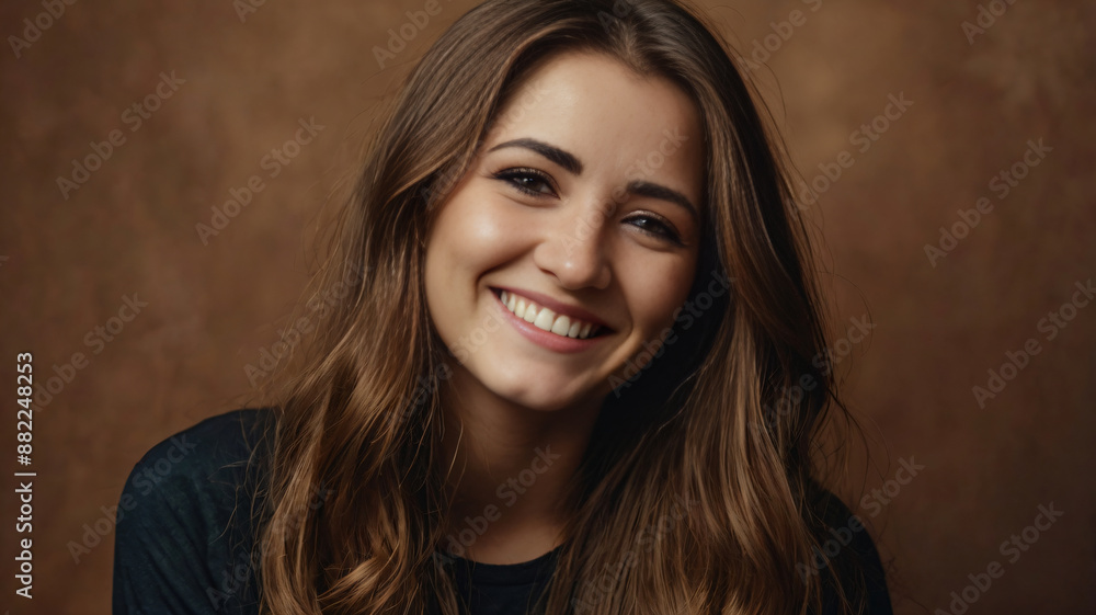 Beautiful young girl with long hair smiles on brown background Beautiful young girl with long hair smiles on brown background
