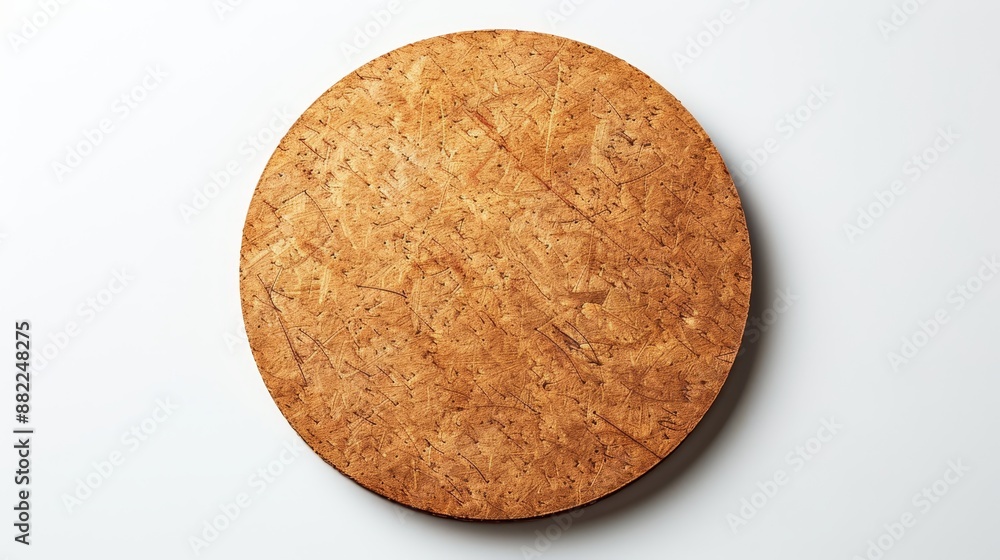 A round wooden cutting board rests atop a pristine white table Nearby, a knife and a pair of scissors are placed in readiness A round wooden cutting board rests atop a pristine white table Nearby, a knife and a pair of scissors are placed in readiness
