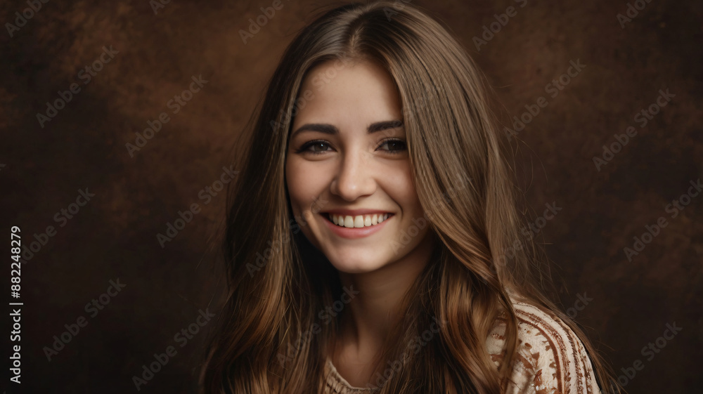 Beautiful young girl with long hair smiles on brown background Beautiful young girl with long hair smiles on brown background