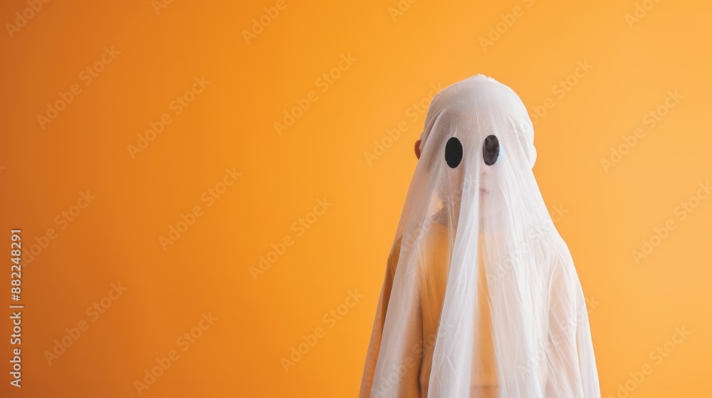 A closeup photography shot of a cute child in a Halloween ghost costume, set against an orange background with high saturation colors. A closeup photography shot of a cute child in a Halloween ghost costume, set against an orange background with high saturation colors.