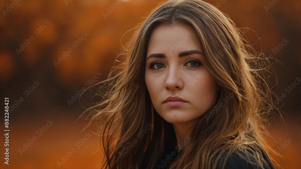Beautiful young girl with long hair on orange background Beautiful young girl with long hair on orange background