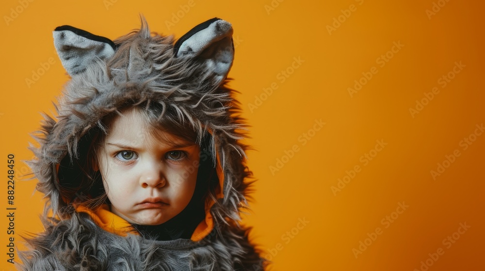 A closeup photography shot of a cute child in a Halloween werewolf costume, set against an orange background with high saturation colors. The image features a clean composition with plenty of empty A closeup photography shot of a cute child in a Halloween werewolf costume, set against an orange background with high saturation colors. The image features a clean composition with plenty of empty