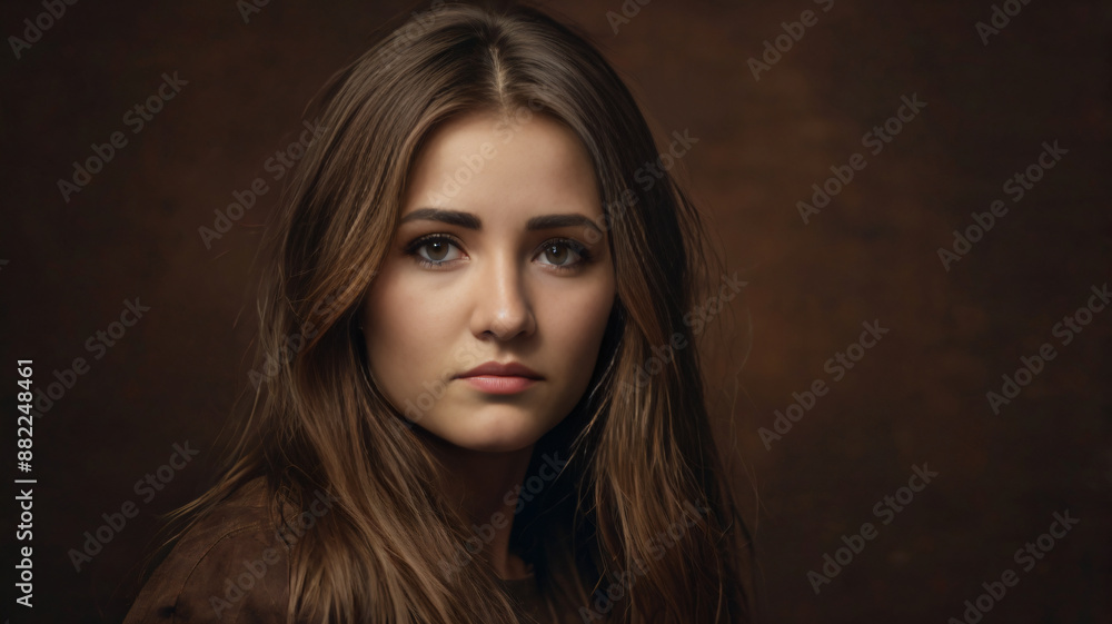 Beautiful young girl with long hair on brown background Beautiful young girl with long hair on brown background