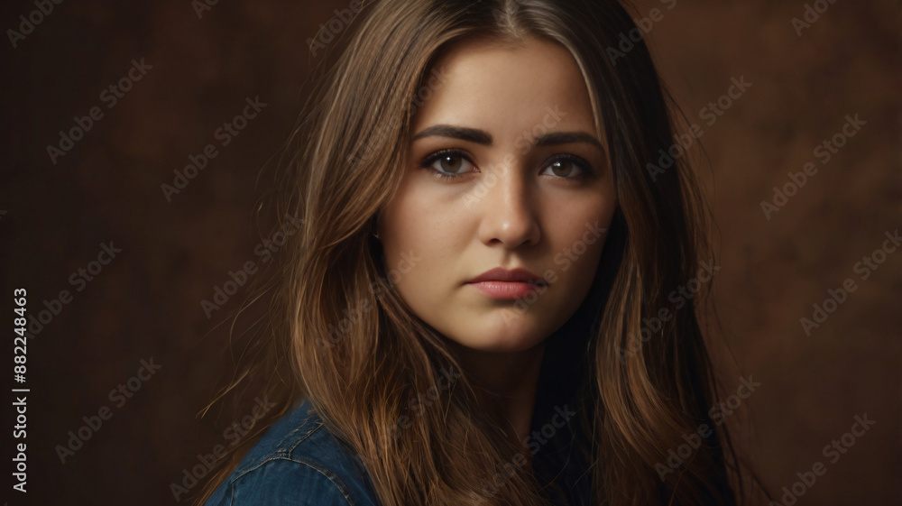 Beautiful young girl with long hair on brown background Beautiful young girl with long hair on brown background