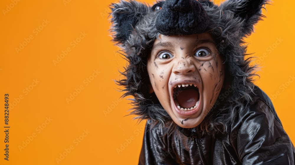 A vibrant closeup photograph of a child dressed as a werewolf for Halloween. A vibrant closeup photograph of a child dressed as a werewolf for Halloween.
