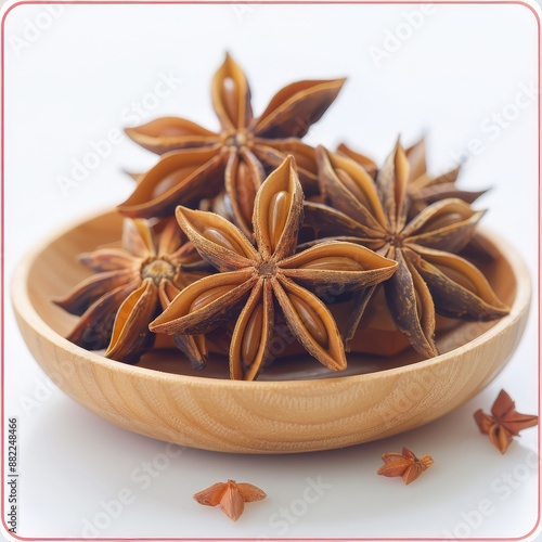 Star anise, beautifully arranged in a wooden dish, visually stunning and aromatic. Single Object on white background