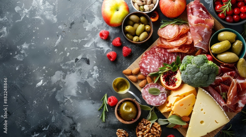A diverse spread of meats, cheeses, fruits, and nuts on a dark cutting board A diverse spread of meats, cheeses, fruits, and nuts on a dark cutting board