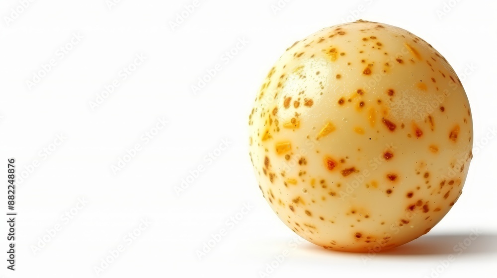 A close-up of an egg with brown speckles on its shell against a white background A close-up of an egg with brown speckles on its shell against a white background
