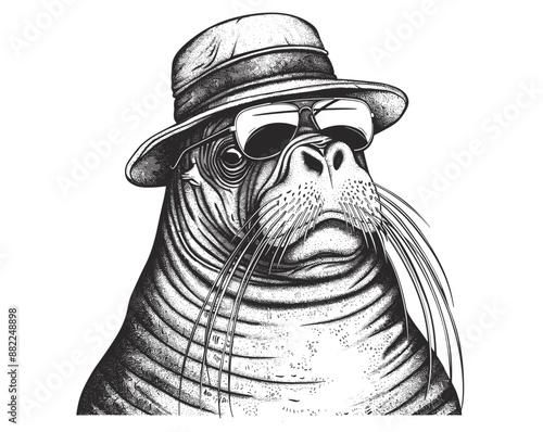 Vintage engrave illustration of a walrus dressed in fashion costume, isolated set of ink sketches with sunglasses. Sea seal background art, arctic glasses hipster hat. walrus sea seal fashion 