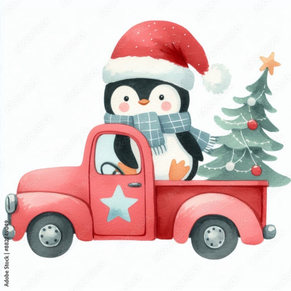 A cute penguin wearing a Santa hat drives a red truck with a Christmas tree in the bed. A cute penguin wearing a Santa hat drives a red truck with a Christmas tree in the bed.