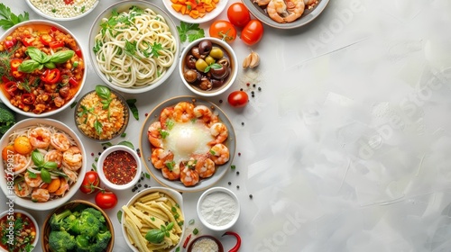  A table, laden with bowls brimming with diverse dishes, adjacent to a plate of pasta and vegetables