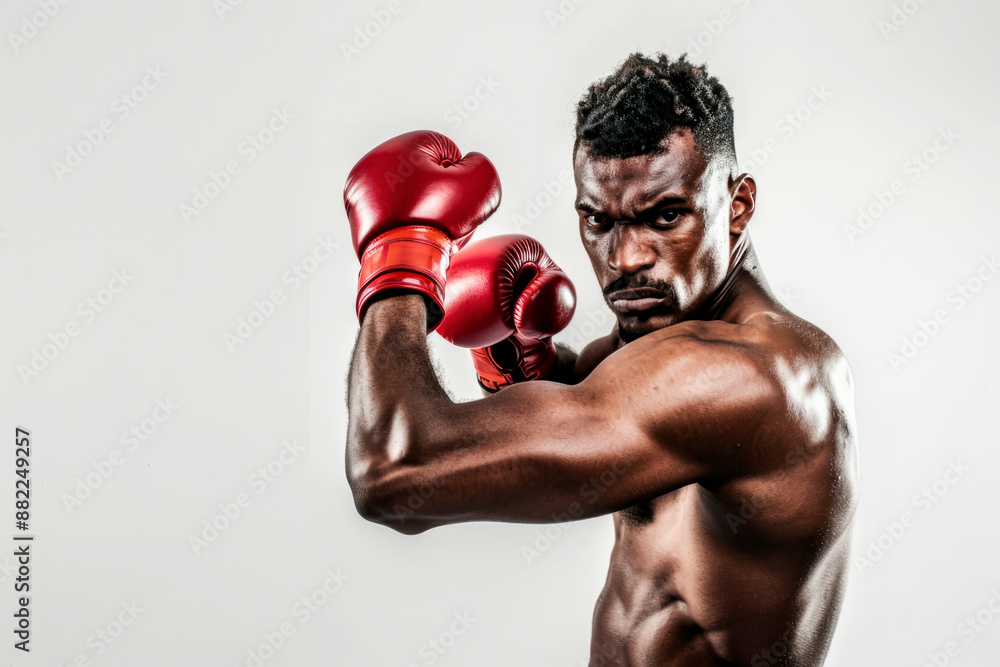 Black boxer in red boxing gloves throws punches on a gray background Black boxer in red boxing gloves throws punches on a gray background