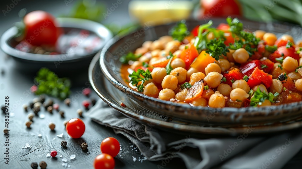 A tight shot of a plate filled with tomatoes and chickpeas on a table, surrounded by various food items A tight shot of a plate filled with tomatoes and chickpeas on a table, surrounded by various food items