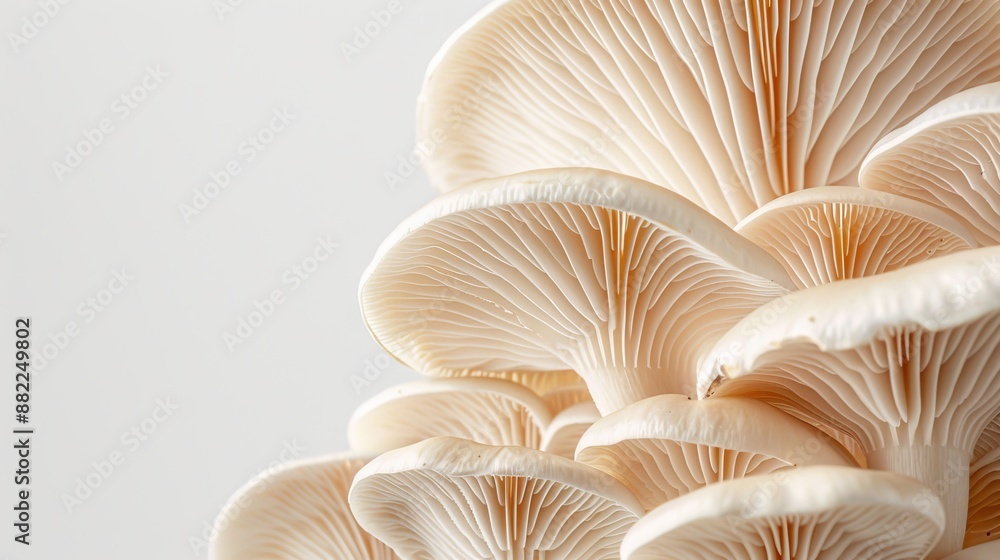 A collection of mushrooms neatly stacked before a pristine white backdrop, allowing ample space for text A collection of mushrooms neatly stacked before a pristine white backdrop, allowing ample space for text