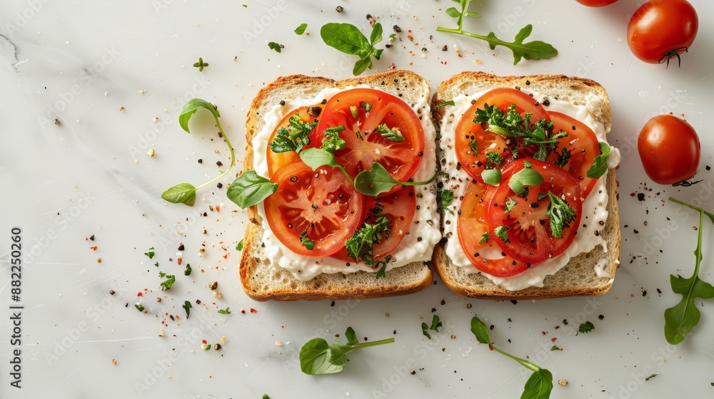 Tomatoes and herbs atop, remaining portion beside Tomatoes and herbs atop, remaining portion beside