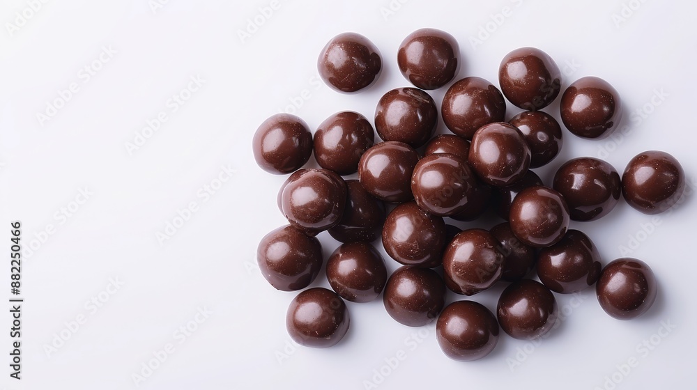 A white table holds two piles of chocolate candies A white table holds two piles of chocolate candies