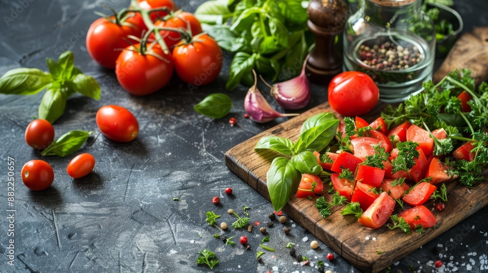 A wooden cutting board laden with an array of vegetables Nearby, mounds of spices and tomatoes await use A wooden cutting board laden with an array of vegetables Nearby, mounds of spices and tomatoes await use