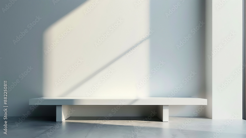 Empty minimalist white bench against a sunlight wall in a modern architectural space, casting peaceful shadows. High Quality Empty minimalist white bench against a sunlight wall in a modern architectural space, casting peaceful shadows. High Quality