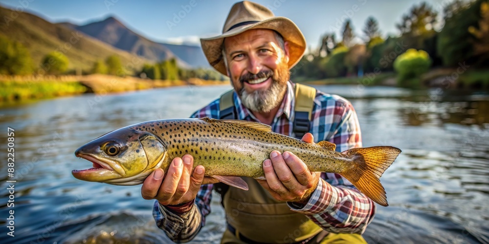 A fisherman proudly displaying trout fish he caught, highlighting the joy of his angling hobby along a serene river. A fisherman proudly displaying trout fish he caught, highlighting the joy of his angling hobby along a serene river.