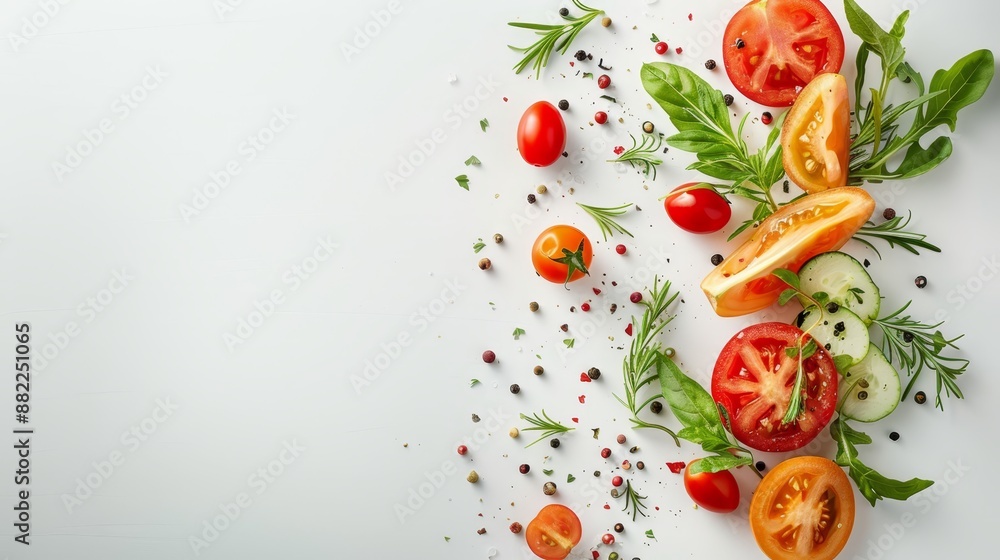 A pristine white surface holds an assortment of ripe tomatoes, succulent cucumbers, and fragrant herbs, garnished with a sprig of rose A pristine white surface holds an assortment of ripe tomatoes, succulent cucumbers, and fragrant herbs, garnished with a sprig of rose