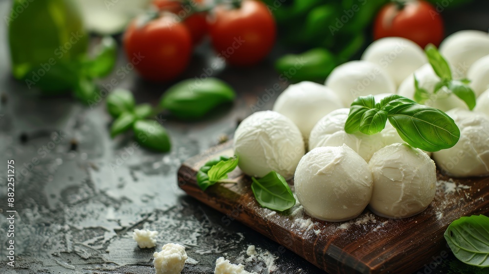 A cutting board holds an arrangement of mozzarella, basil, tomatoes, and basil leaves A cutting board holds an arrangement of mozzarella, basil, tomatoes, and basil leaves