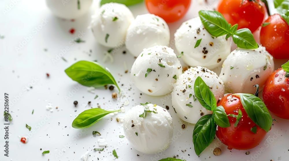A pristine white surface holds a mound of mozzarella and red cherry tomatoes, garnished with basil leaves A pristine white surface holds a mound of mozzarella and red cherry tomatoes, garnished with basil leaves