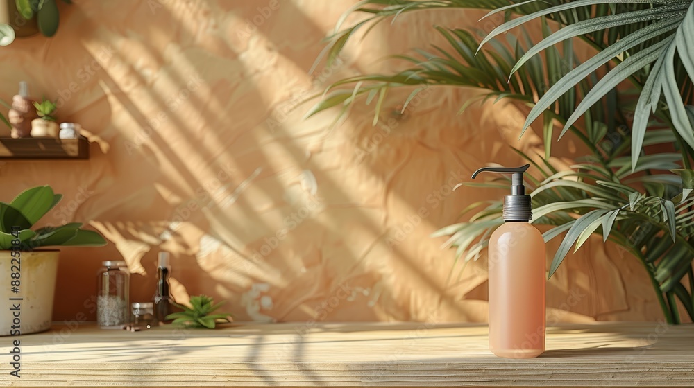 A soap dispenser sits on a table, nearby is a potted plant A soap dispenser sits on a table, nearby is a potted plant