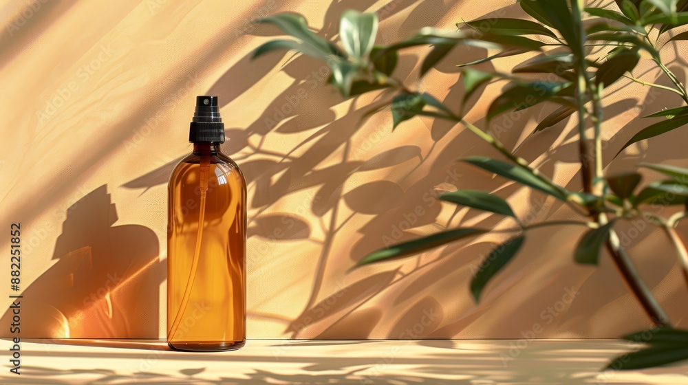 A bottle of oil sits on a table, next to a potted plant A shadow graces the wall behind them A bottle of oil sits on a table, next to a potted plant A shadow graces the wall behind them