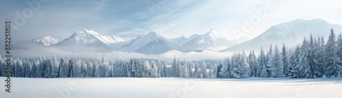 Panoramic winter landscape with snow-covered trees and majestic mountains under a cloudy sky, capturing the serene beauty of nature.