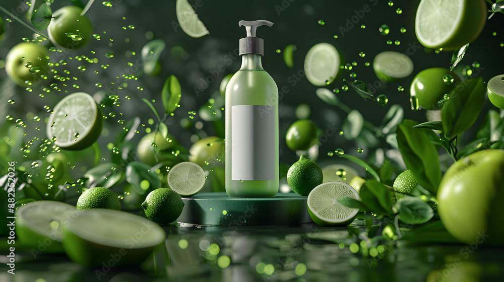 Frosted glass bottle with flying green fruit and juice splashes on a green pedestal, product photo Frosted glass bottle with flying green fruit and juice splashes on a green pedestal, product photo