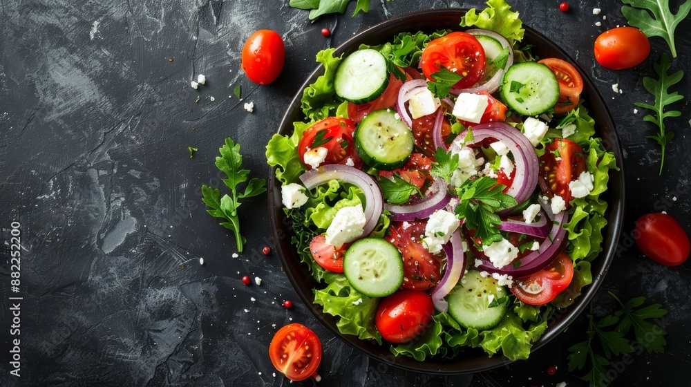 A salad with cucumbers, tomatoes, onions, cheese, and lettuce on a black plate A salad with cucumbers, tomatoes, onions, cheese, and lettuce on a black plate