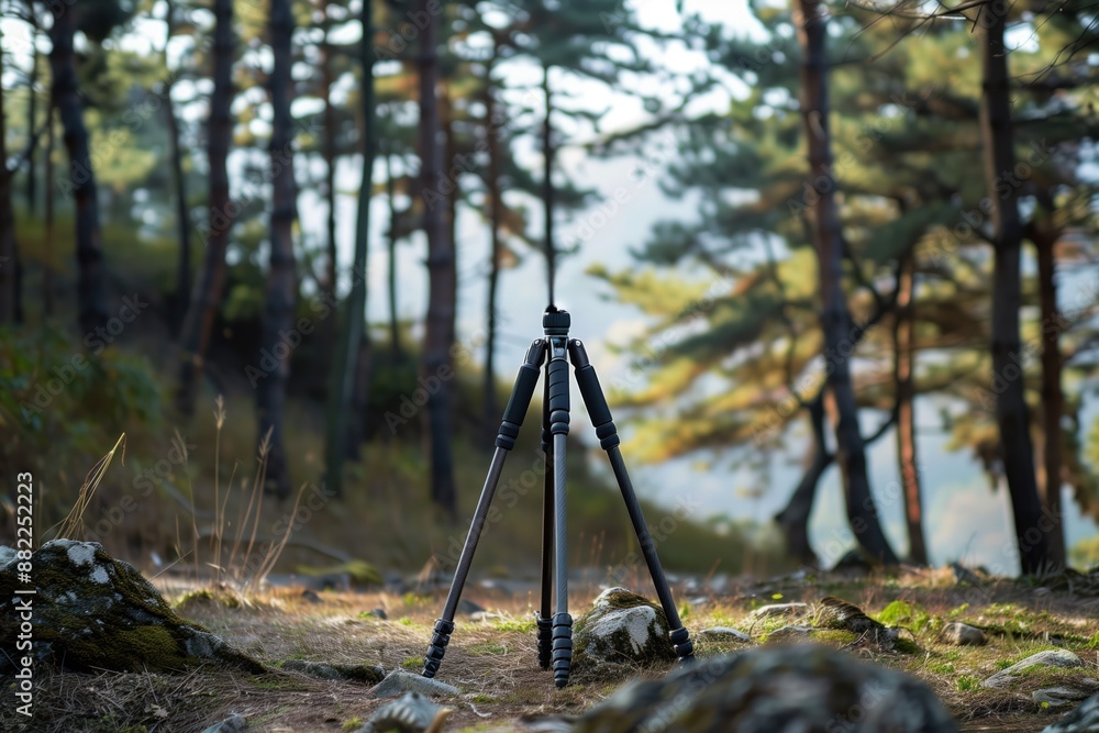 Black tripod stands on three legs amidst rocks and trees. Natural setting with rugged terrain. Outdoor photography equipment in wilderness environment. Black tripod stands on three legs amidst rocks and trees. Natural setting with rugged terrain. Outdoor photography equipment in wilderness environment.