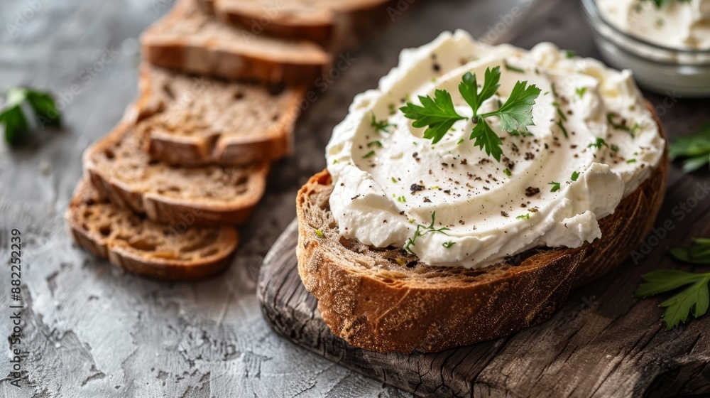A tight shot of a slice of bread atop a cutting board, adorned with cream cheese and sprinkled parsley A tight shot of a slice of bread atop a cutting board, adorned with cream cheese and sprinkled parsley