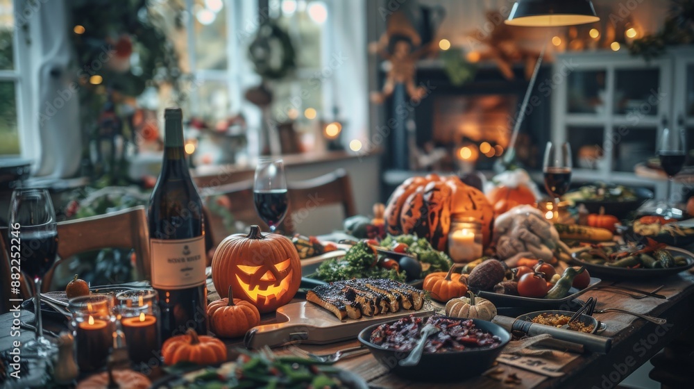 Halloween Dinner Table with Pumpkins, Wine, and Food. Halloween Dinner Table with Pumpkins, Wine, and Food.