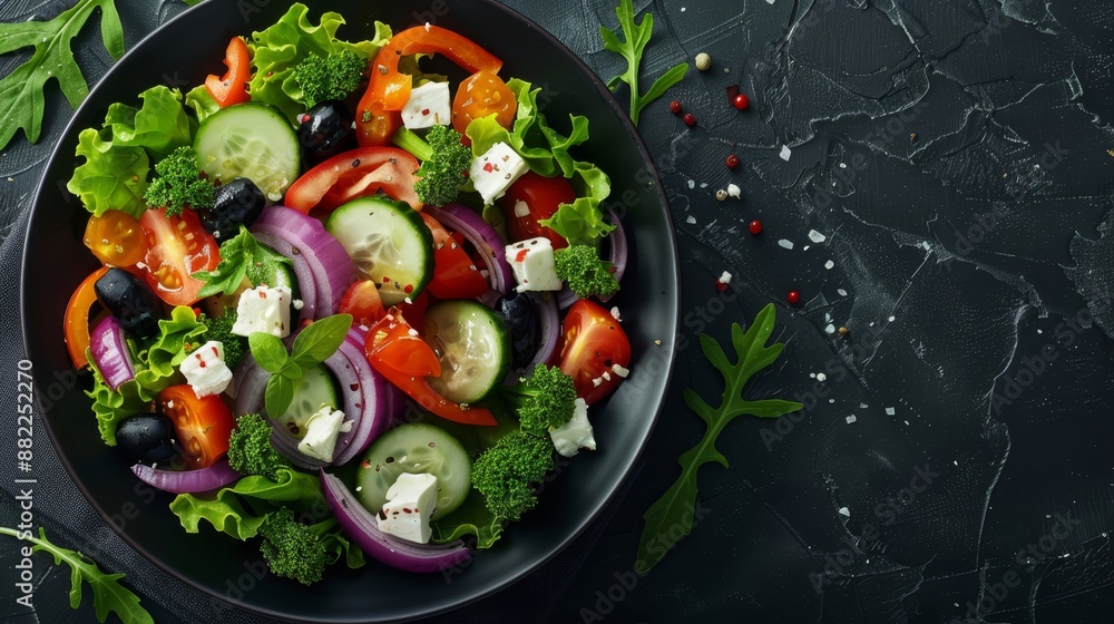 Salad with tomatoes, cucumbers, onions, broccoli, and feta cheese Salad with tomatoes, cucumbers, onions, broccoli, and feta cheese
