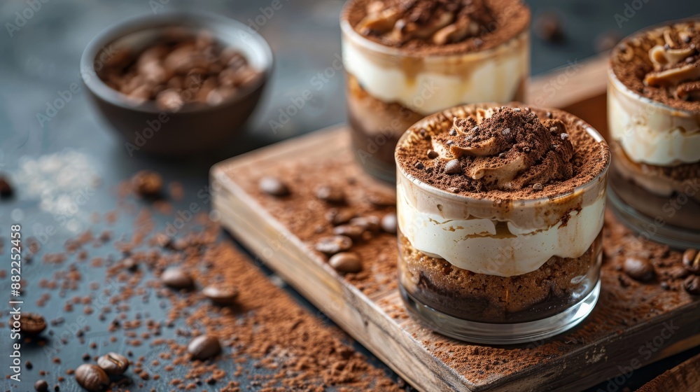 Three desserts atop a wooden cutting board, adjacent to a bowl of chocolate chips and a steaming cup of coffee Three desserts atop a wooden cutting board, adjacent to a bowl of chocolate chips and a steaming cup of coffee