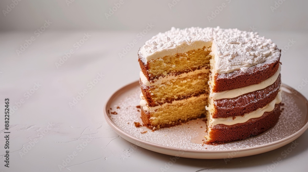 A tight shot of a cake slice missing from a plate, surrounded by the remaining cake in the background A tight shot of a cake slice missing from a plate, surrounded by the remaining cake in the background