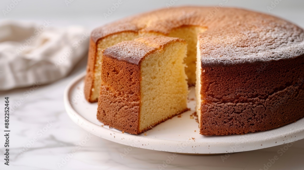 A tight shot of a cake slice on a plate, with a empty slot from being cut, and a napkin in the background A tight shot of a cake slice on a plate, with a empty slot from being cut, and a napkin in the background