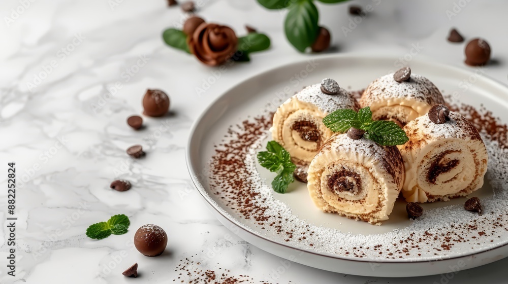 A white plate holds rolled treats, dusted with powdered sugar, adorned with green leaves, and sprinkled with chocolate chips A white plate holds rolled treats, dusted with powdered sugar, adorned with green leaves, and sprinkled with chocolate chips