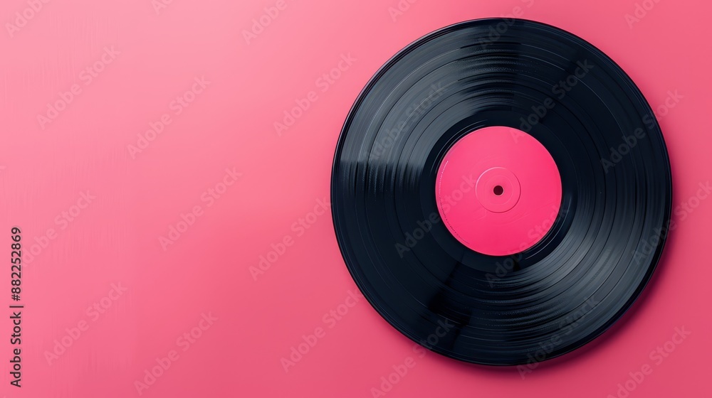 A black record against a pink background, featuring a black disc in its center, and a smaller pink disc encased within A black record against a pink background, featuring a black disc in its center, and a smaller pink disc encased within