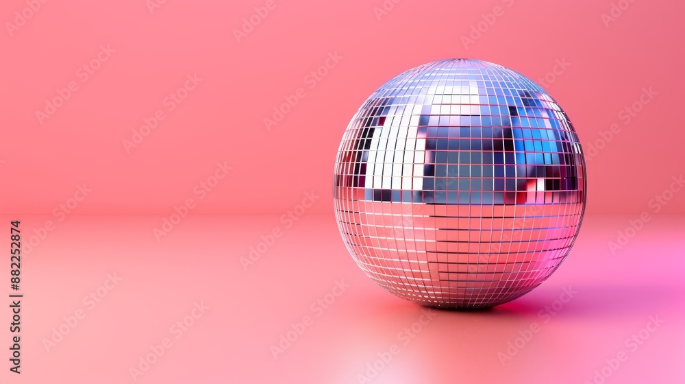 A disco ball atop a pink floor, near a mirror ball on a pink wall A disco ball atop a pink floor, near a mirror ball on a pink wall