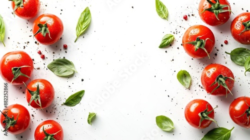  A cluster of tomatoes, adorned with verdant leaves atop, and speckled with sprinkles beneath