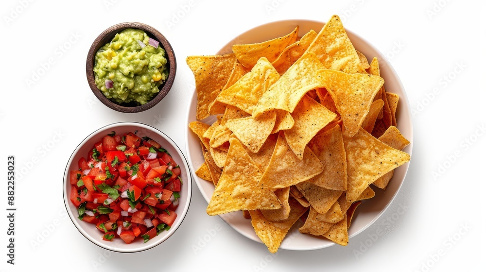A bowl of guacamole, a bowl of salsa, and a plate of tortilla chips A bowl of guacamole, a bowl of salsa, and a plate of tortilla chips