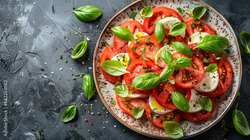A plate of tomatoes, basil, and mozzarella against a dark surface A solitary basil sprig rests on the side A plate of tomatoes, basil, and mozzarella against a dark surface A solitary basil sprig rests on the side