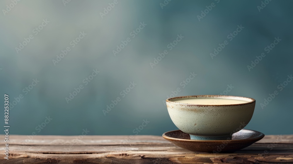 A cup of coffee rests on a saucer atop a weathered wooden table A hazy, indistinct wall forms the backdrop A cup of coffee rests on a saucer atop a weathered wooden table A hazy, indistinct wall forms the backdrop