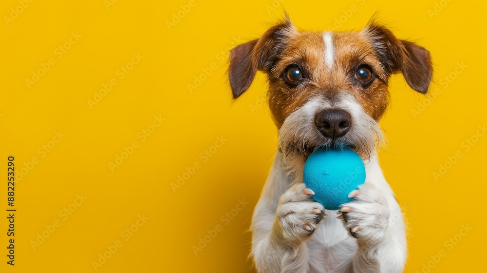 A brown-and-white dog holds a blue ball in its mouth, gazing directly at the camera against a sunny yellow backdrop A brown-and-white dog holds a blue ball in its mouth, gazing directly at the camera against a sunny yellow backdrop