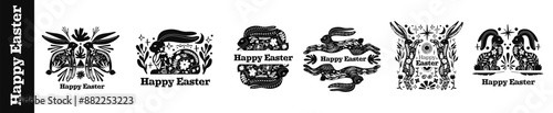 Black Linocut of Easter decorative hare set