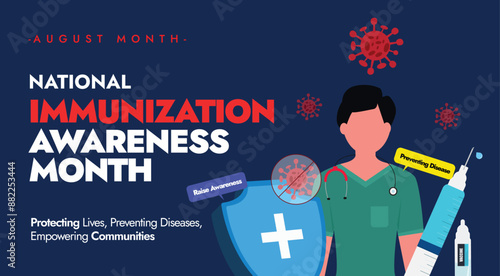 National Immunisation awareness Month. August Immunisation month awareness banner with icons, stickers,  of syringe, vaccine bottle, protection shield, virus, nurse. NIAM shows vaccine importance. 