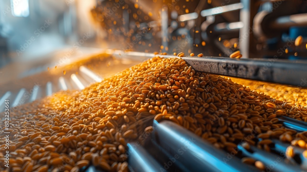 A conveyor belt laden with copious grain stands near a machine featuring a rear conveyor belt A conveyor belt laden with copious grain stands near a machine featuring a rear conveyor belt