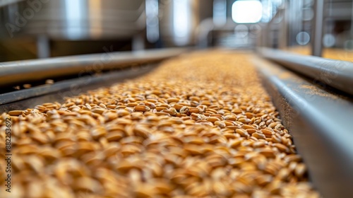  A conveyor belt carrying a bulk of grains, adjacent to which operates a machine